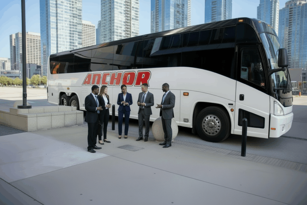 Business Trip in Front of Anchor Bus