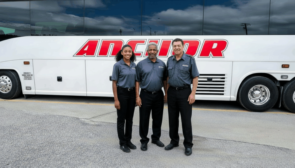 Bus drivers in front of Anchor Transportation bus in Montgomery, Alabama
