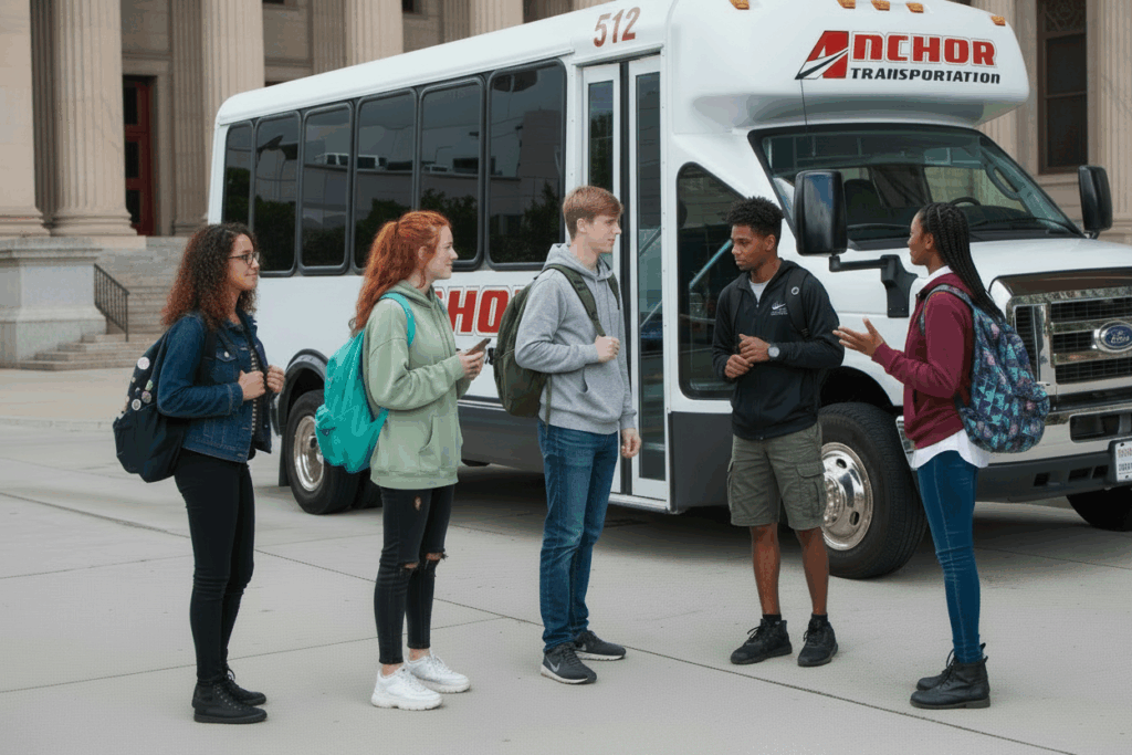 High School Students in front of an Anchor Transportation bus